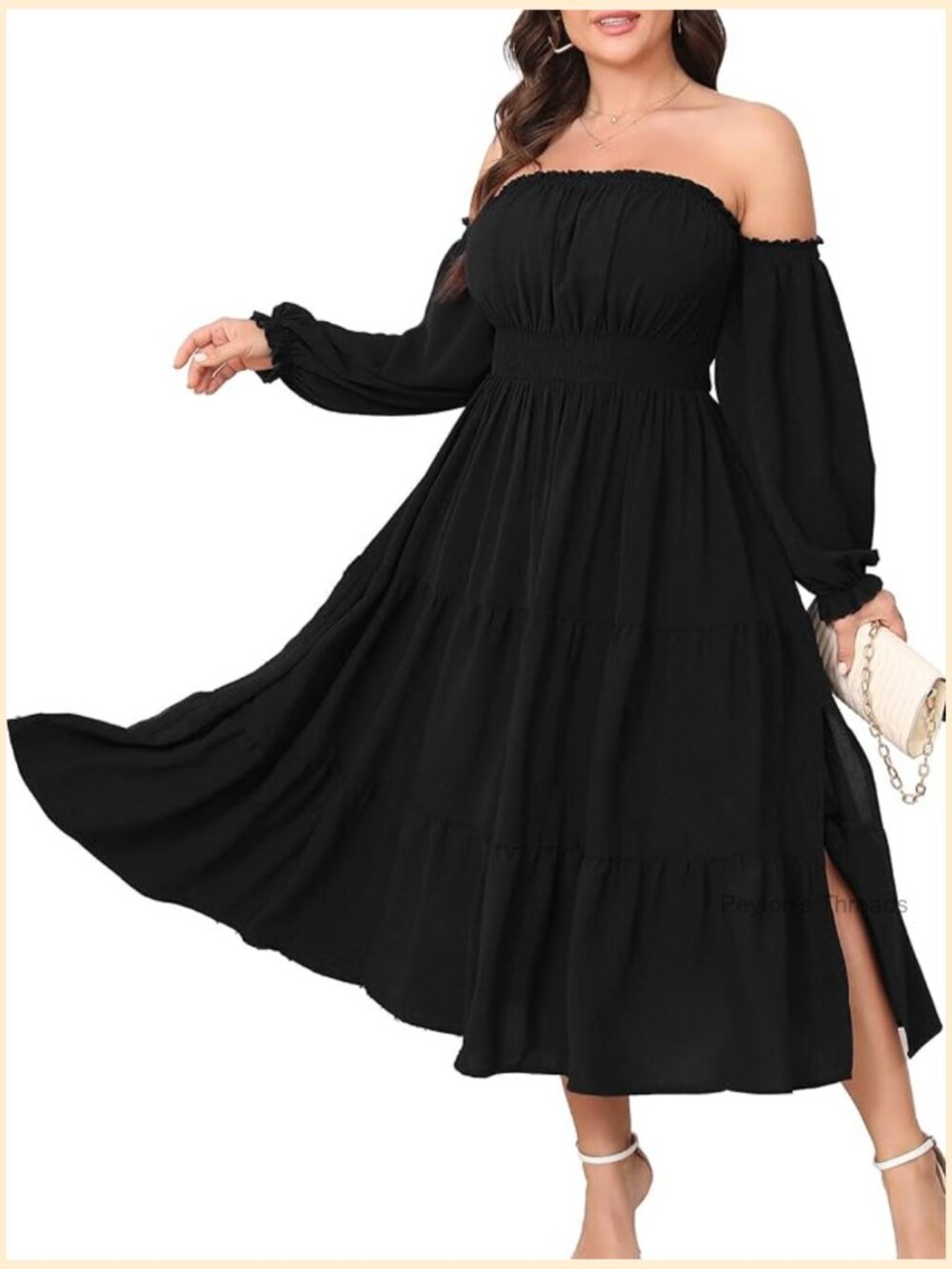Off Shoulder Long Sleeve Smocked Waist Maxi Dress with Slit Plus Size